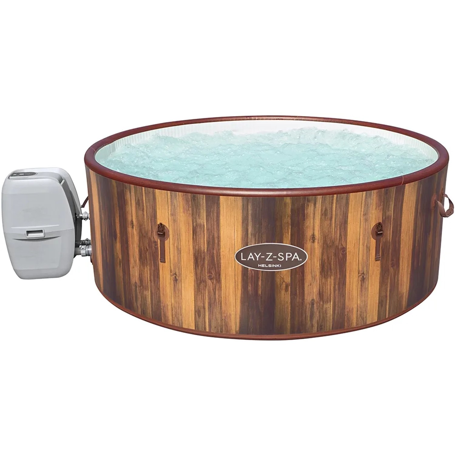 Runder LAY-Z-SPA Helsinki AirJet Whirlpool mit Holzoptik und Pumpe.