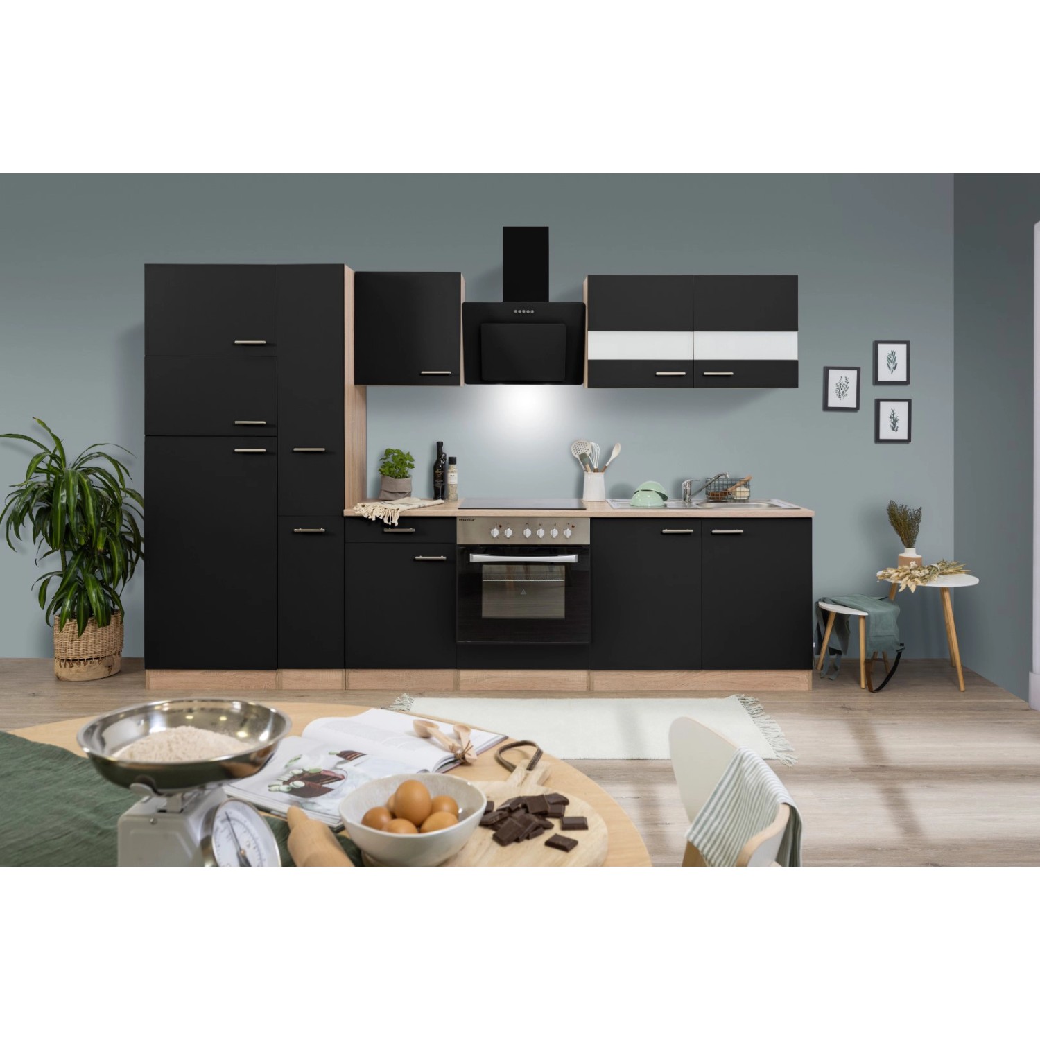 Respekta Küchenzeile/Küchenblock KB300ESSCGKE 300 cm Schwarz-Eiche Sägerau Nachbildung