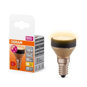 Osram LED-Lampe E14 Star Flat, 3,5W, warmweiß, dimmbar, neben Verpackung.