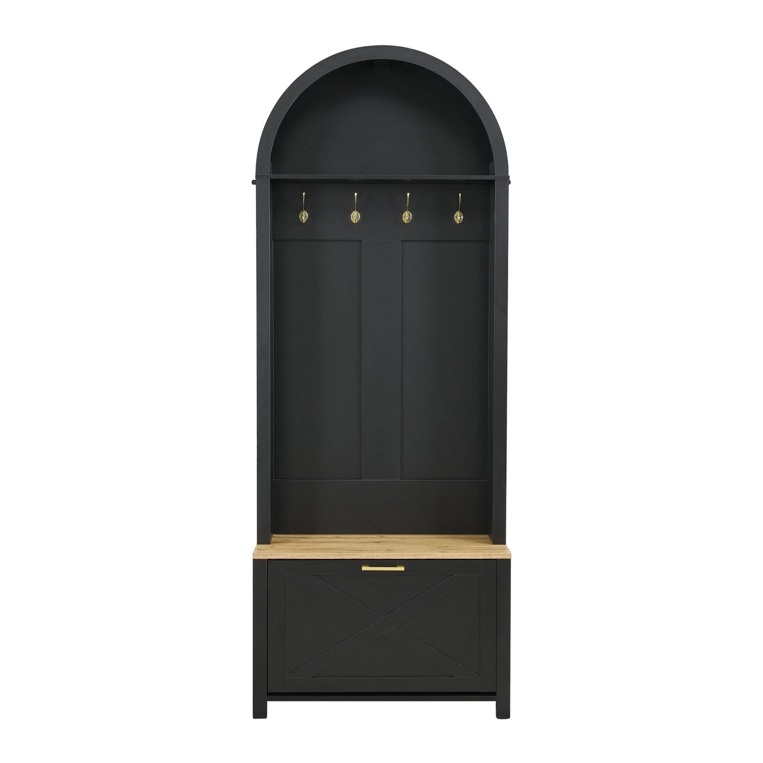 Schwarzes Garderoben Set mit gewölbtem Oberteil, goldfarbenen Haken, Holzablage und Schuhschrank für den Eingang.