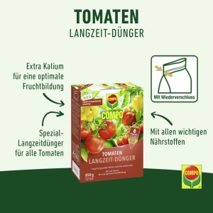 Compo Tomaten Langzeit-Dünger 850g. Braune Packung mit Tomatenmotiv, für optimale Fruchtbildung, 6 Monate Wirkung, wiederverschließbar.