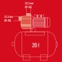Skizze Einhell Hauswasserwerk GC-WW 6538 mit 20 l Tank und Anschlussmaßen.