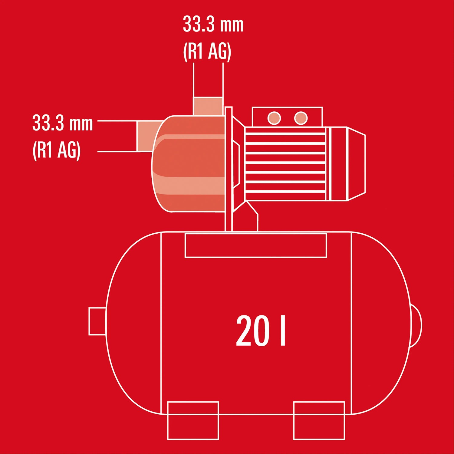 Skizze Einhell Hauswasserwerk GC-WW 6538 mit 20 l Tank und Anschlussmaßen.