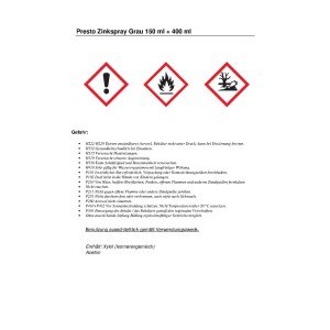 Presto Zinkspray Grau 150ml: Dose mit Warnsymbolen für Lackreparatur und Korrosionsschutz.