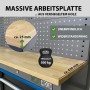 Detailaufnahme TRUTZHOLM Werkstattwand: Holz-Arbeitsplatte, Lochwand, Belastbarkeit 300kg.