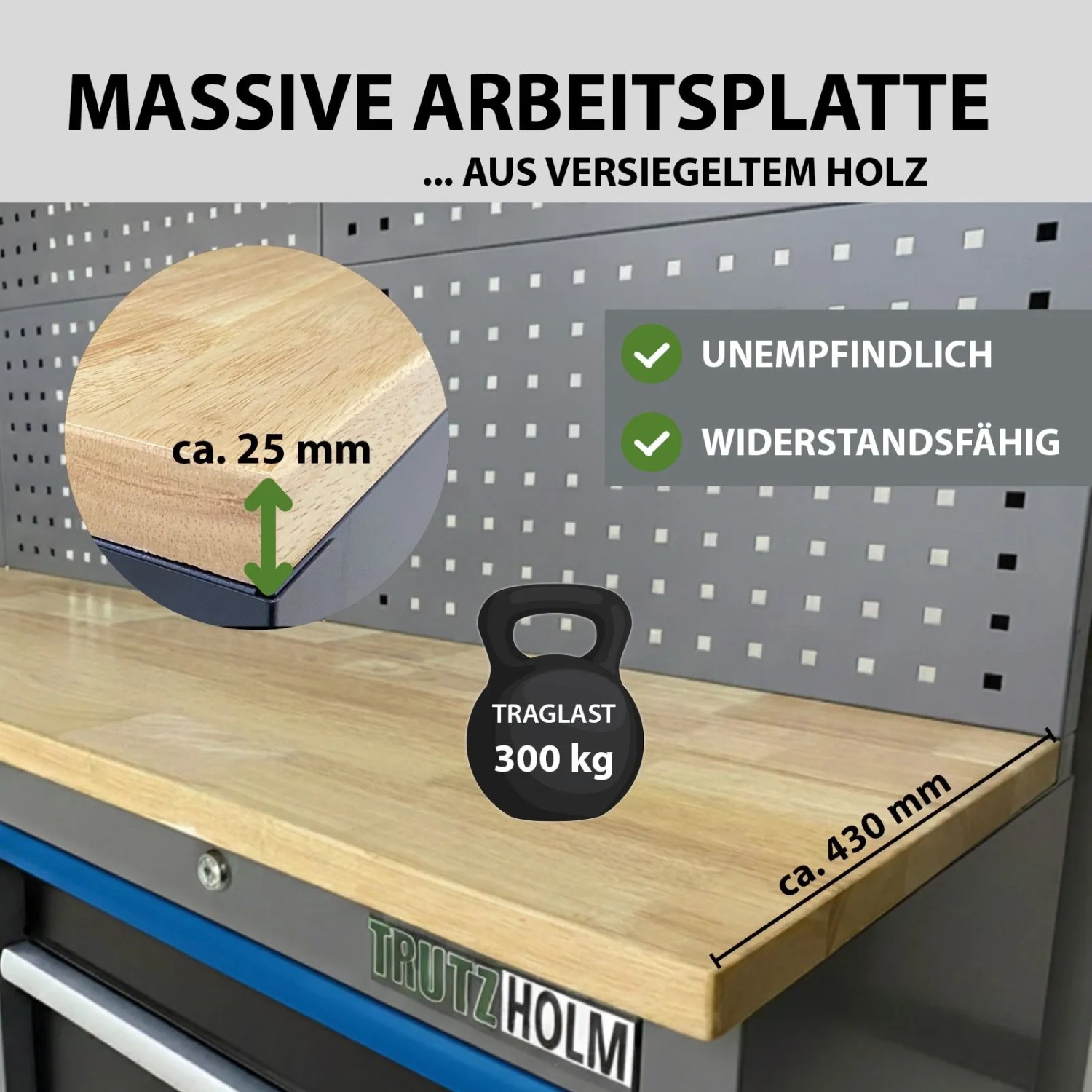 Detailaufnahme TRUTZHOLM Werkstattwand: Holz-Arbeitsplatte, Lochwand, Belastbarkeit 300kg.