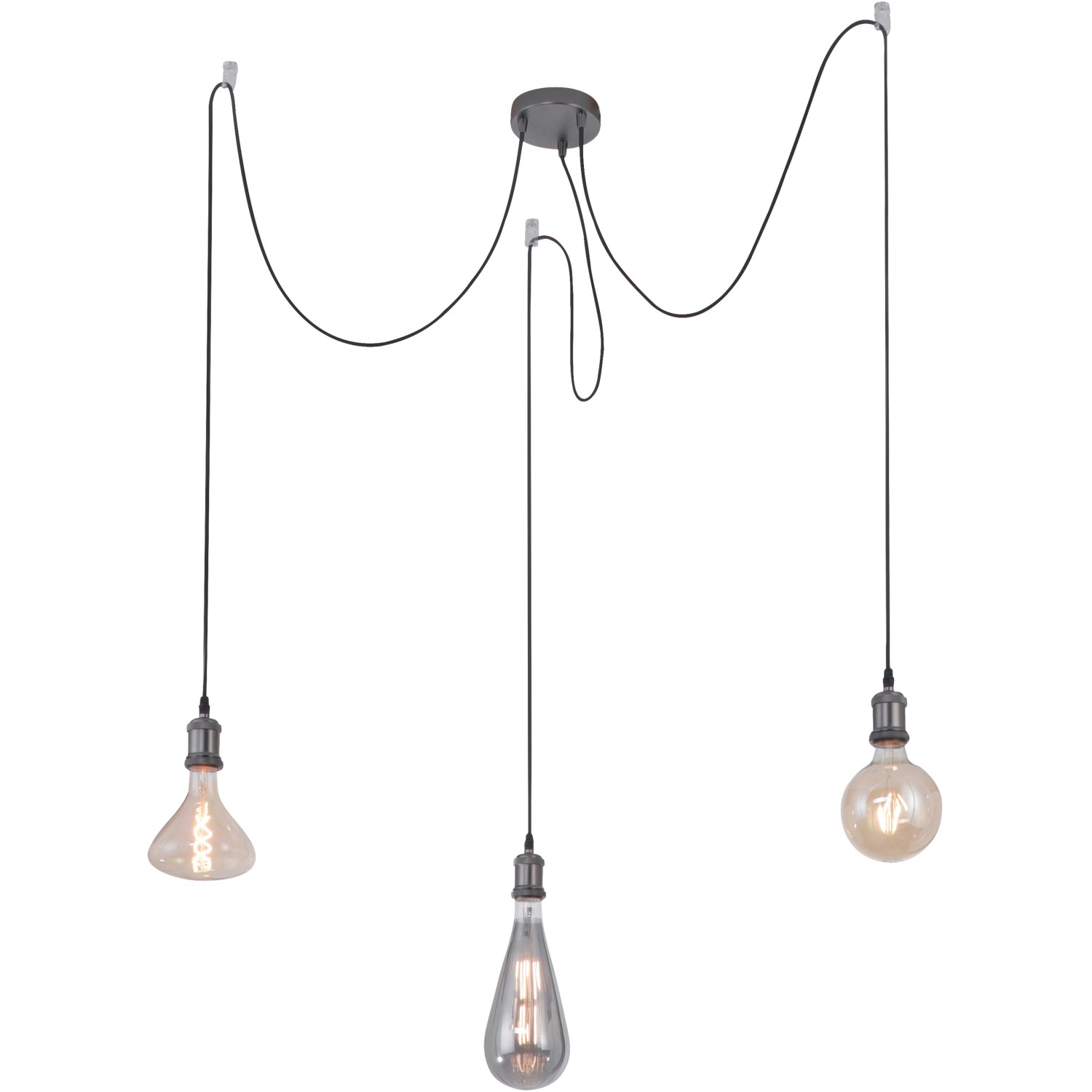 Schwarze DIY Pendelleuchte mit drei E27 Fassungen und individuell einstellbaren Kabeln.