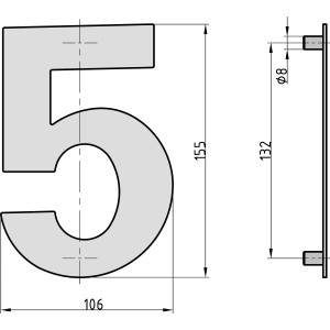 Technische Zeichnung der Basi Hausnummer 5 in Anthrazit, Maße 155x106mm, zur Montage an der Hauswand.