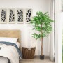 Grüne künstliche Bambuspflanze 150 cm hoch im schwarzen Topf, mit natürlichen Stämmen und dichten Blättern, im Wohnraum.