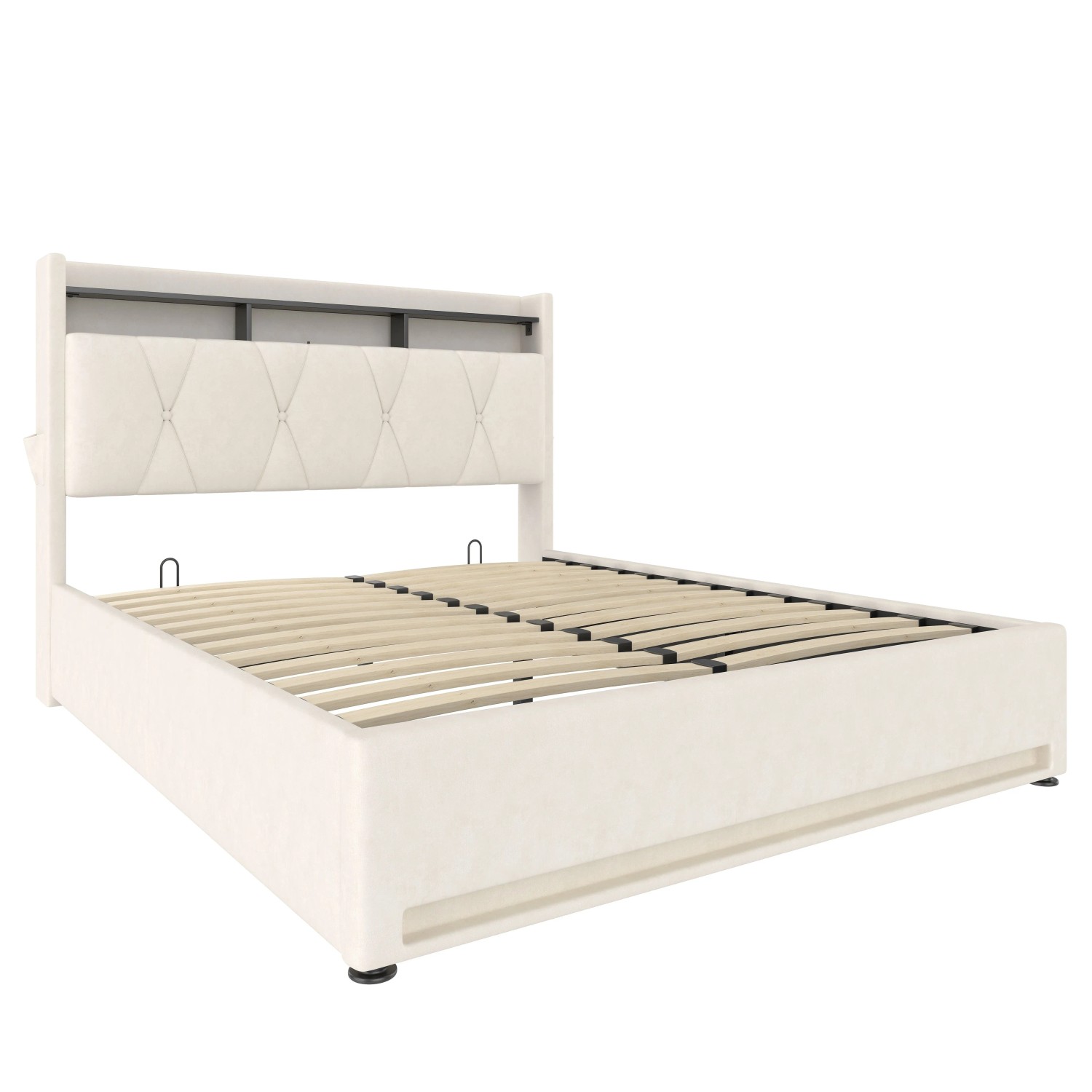 okwish Bettgestell 140x200cm mit LED USB C Hydraulik Stauraum Schlafzimmer Beige ohne Matratze