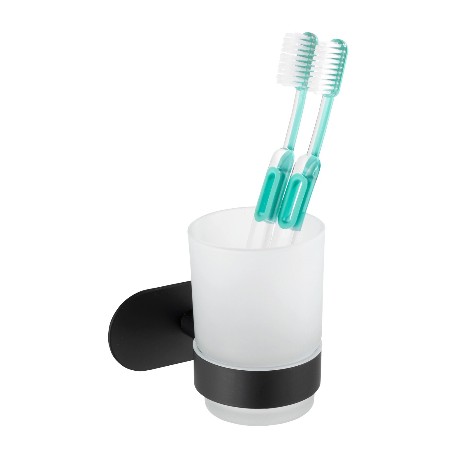 Wenko Zahnputzbecherhalter Uno Orea Black mit Glasbecher und zwei Zahnbürsten.
