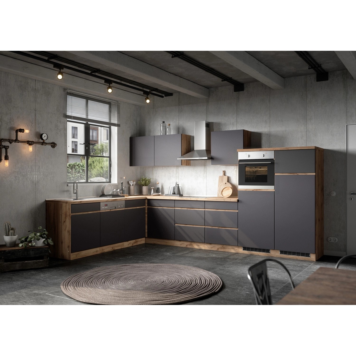 Held Möbel Winkelküche Turin 360 x 240 cm Graphit-Wotaneiche mit E-Geräten