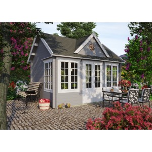 Graues Fjordholz Gartenhaus Teehaus Windsor 28 mit Doppeltür und Fenstern im Garten.