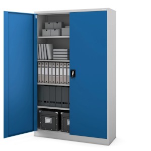 Jan Nowak Metallschrank JAN II, grau/blau, mit geöffneter Tür und Ordnern. Büroschrank.