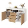 Merax Wohnzimmerschrank 140x85 cm in Weiß/Naturholz mit 3 Schubladen, 2 Türen und offenen Fächern für Stauraum.