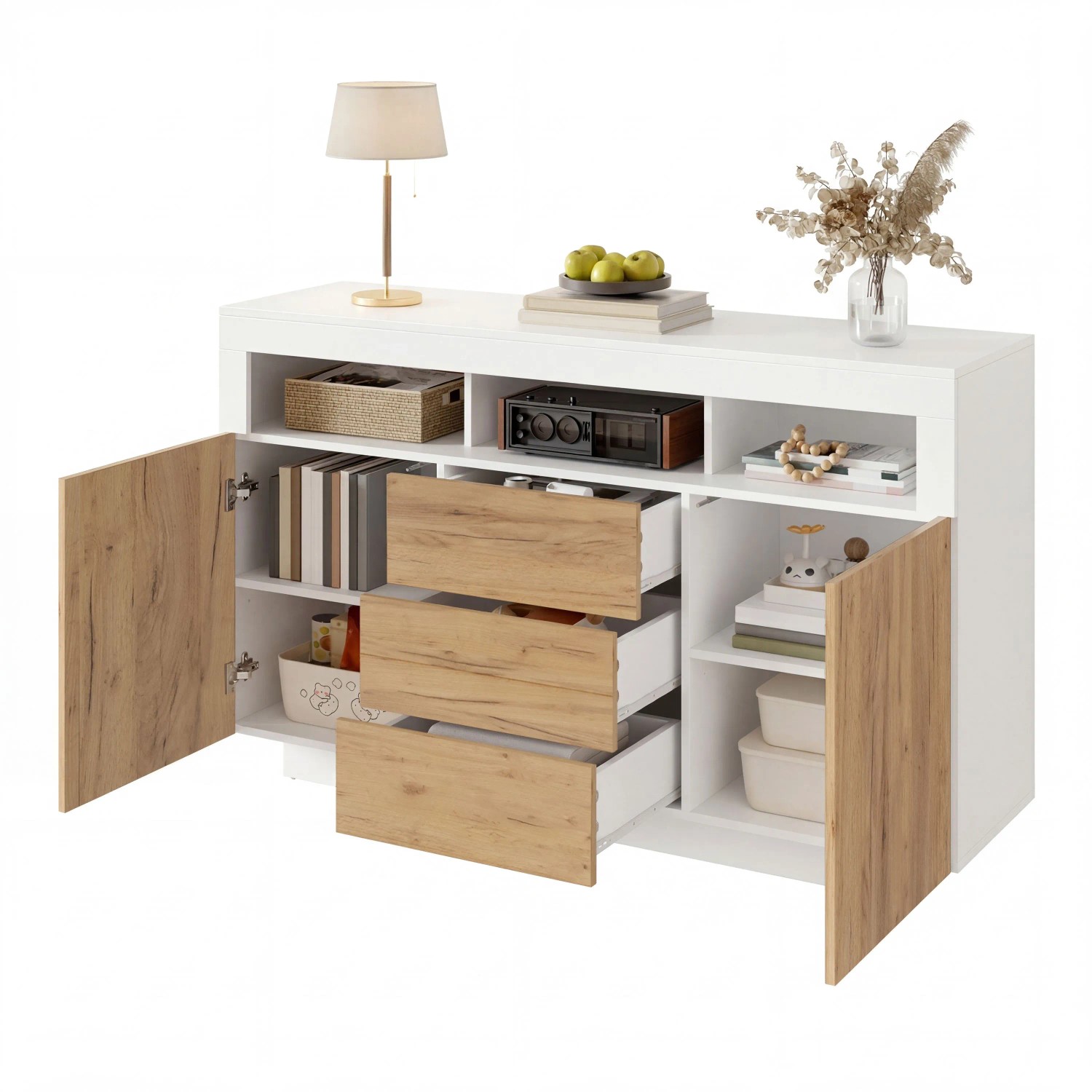 Merax Wohnzimmerschrank 140x85 cm in Weiß/Naturholz mit 3 Schubladen, 2 Türen und offenen Fächern für Stauraum.