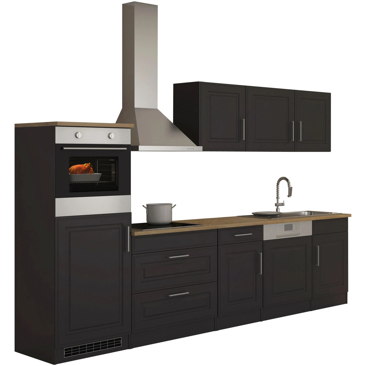 Held Möbel Küchenzeile Rom 300 cm Landhaus Grau Matt mit E-Geräten