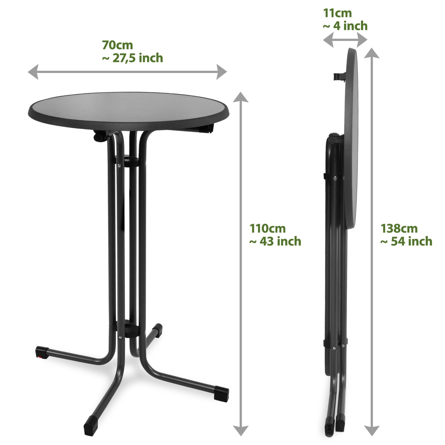 Beautissu Sylt Stehtisch, Ø 70 cm, Grau, mit Maßen aufgebaut und zusammengeklappt.