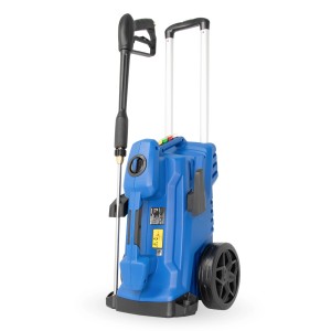 Blauer Hyundai Hochdruckreiniger HPW3100IE mit Rädern und Teleskopgriff.