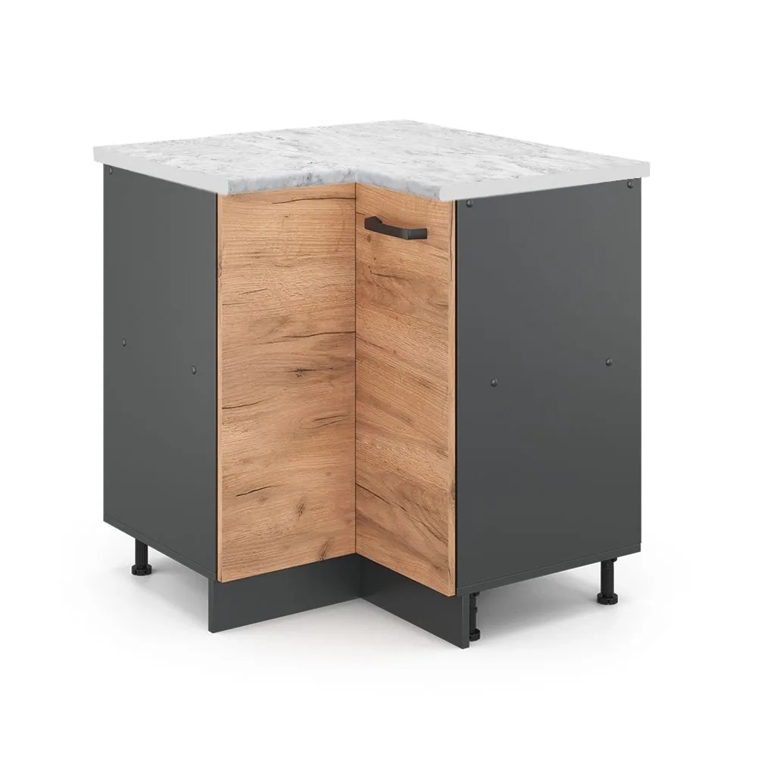 Vicco Eckunterschrank R-Line Küchen Eckschrank Goldkraft Eiche Anthrazit AP Marmor mit Anthrazit Korpus Opt2