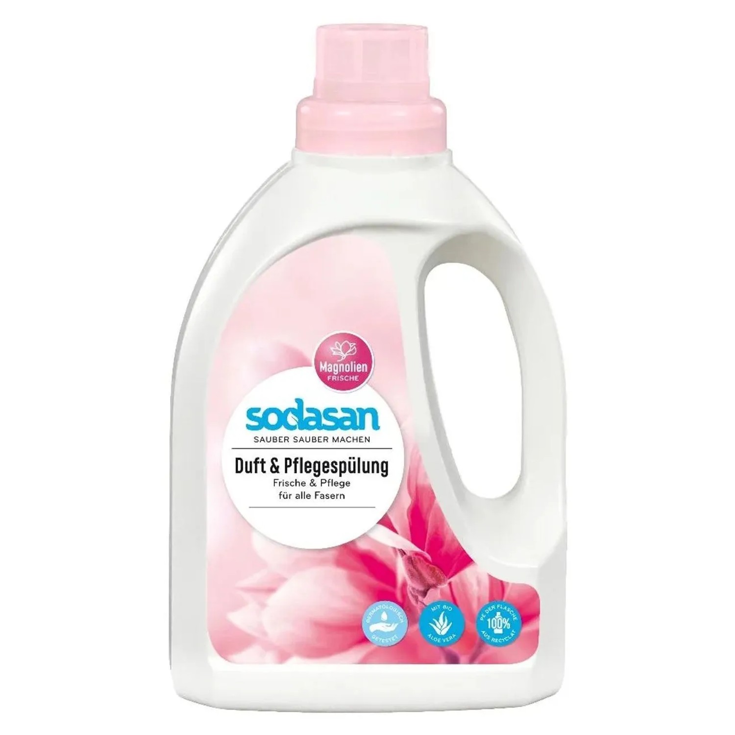 Weiße Sodasan Duft- und Pflegespülung Flasche mit pinkem Deckel, Magnolien-Design. Für frische Wäsche.