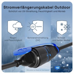 hb-digital Verlängerungskabel für Außen, 15m, IP44, mit Sicherheitsverschluss. Wetterfest, robust und sicher.