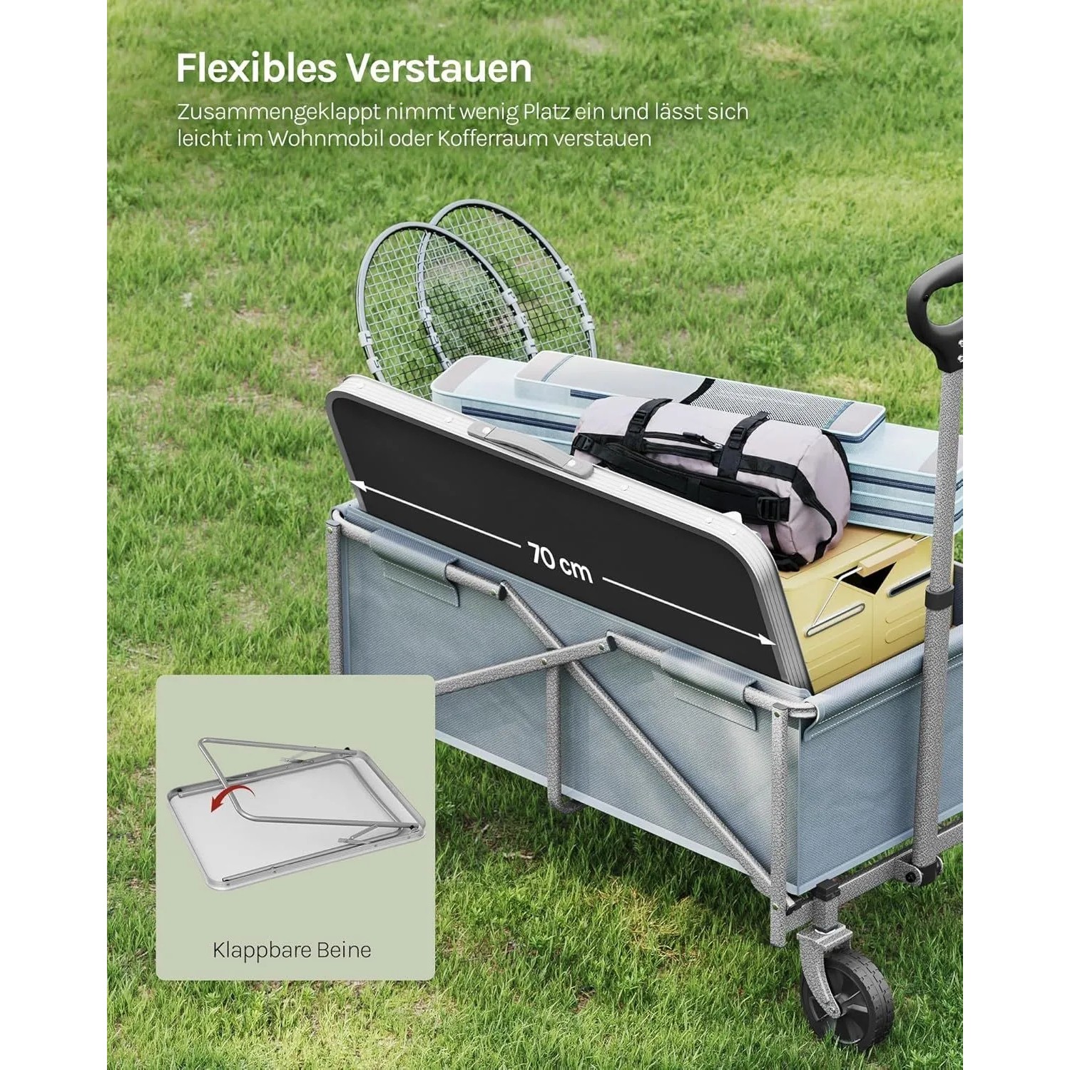 Zusammengeklappter, schwarzer WOLTU Campingtisch mit Griff im Bollerwagen. Kompakter Klapptisch für Camping & Outdoor.