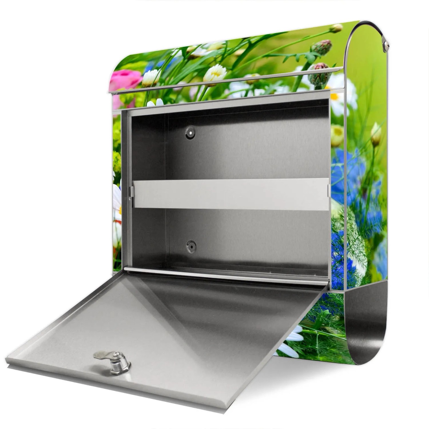 Offener Edelstahl Briefkasten mit Blumenstrauß Motiv und Zeitungsfach.