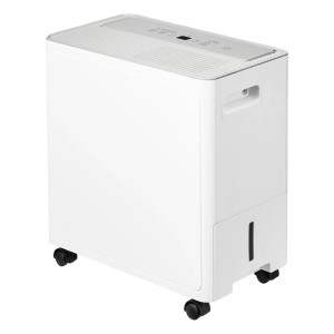 Weißer Comfee Luftentfeuchter MDDA-30DEN7-SD mit Rollen und Wassertank.