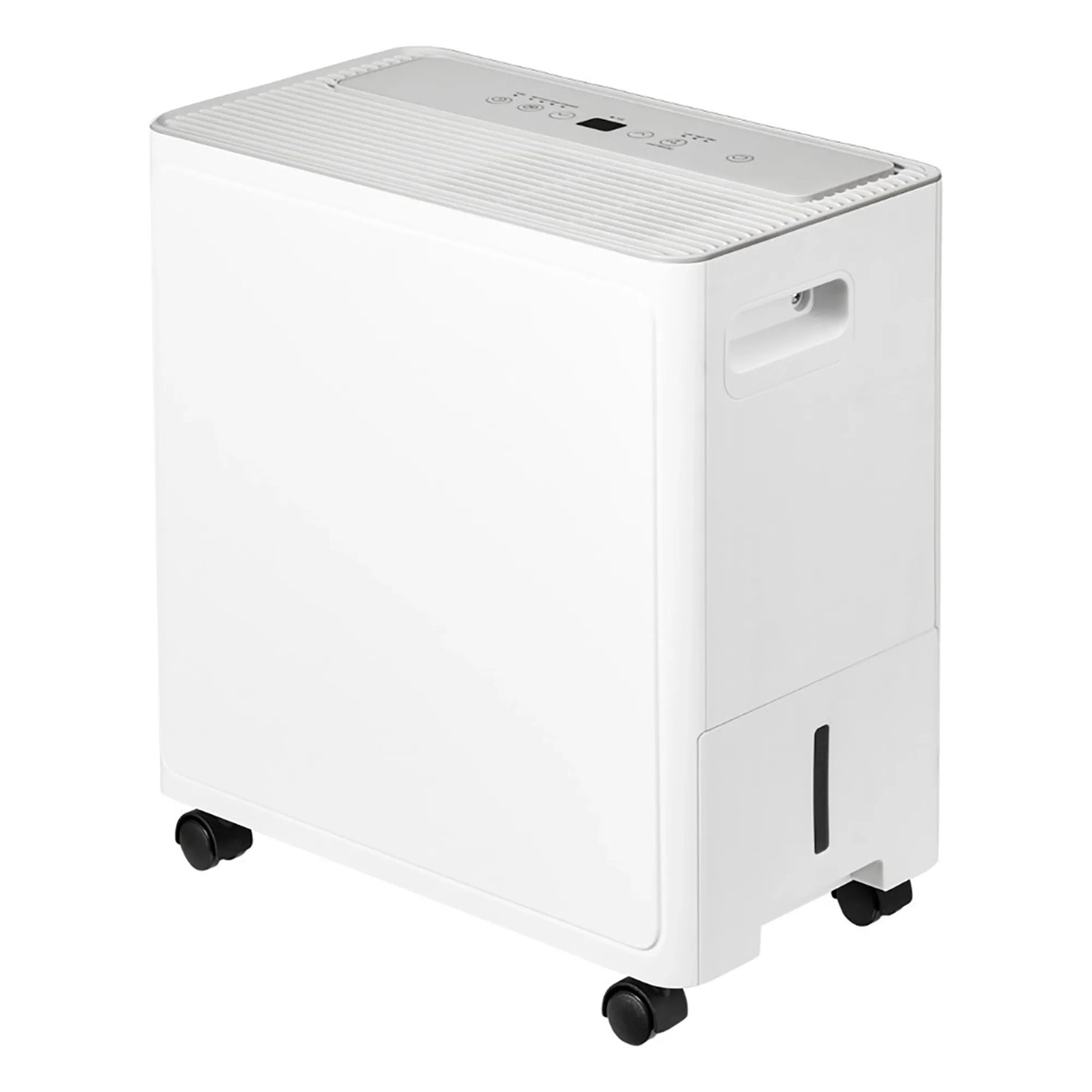 Weißer Comfee Luftentfeuchter MDDA-30DEN7-SD mit Rollen und Wassertank.
