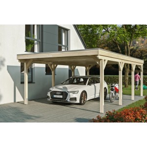 Skan Holz Carport Grunewald mit Aluminiumdach, naturbelassen, mit Auto und Motorrad.