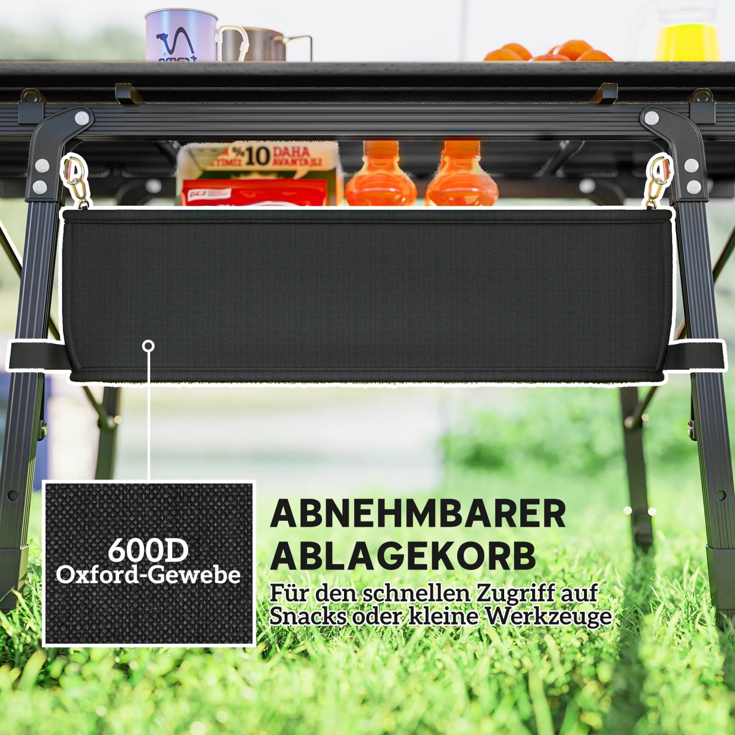 Outsunny Campingtisch mit schwarzem Stoffkorb unter der Tischplatte für Campingzubehör.