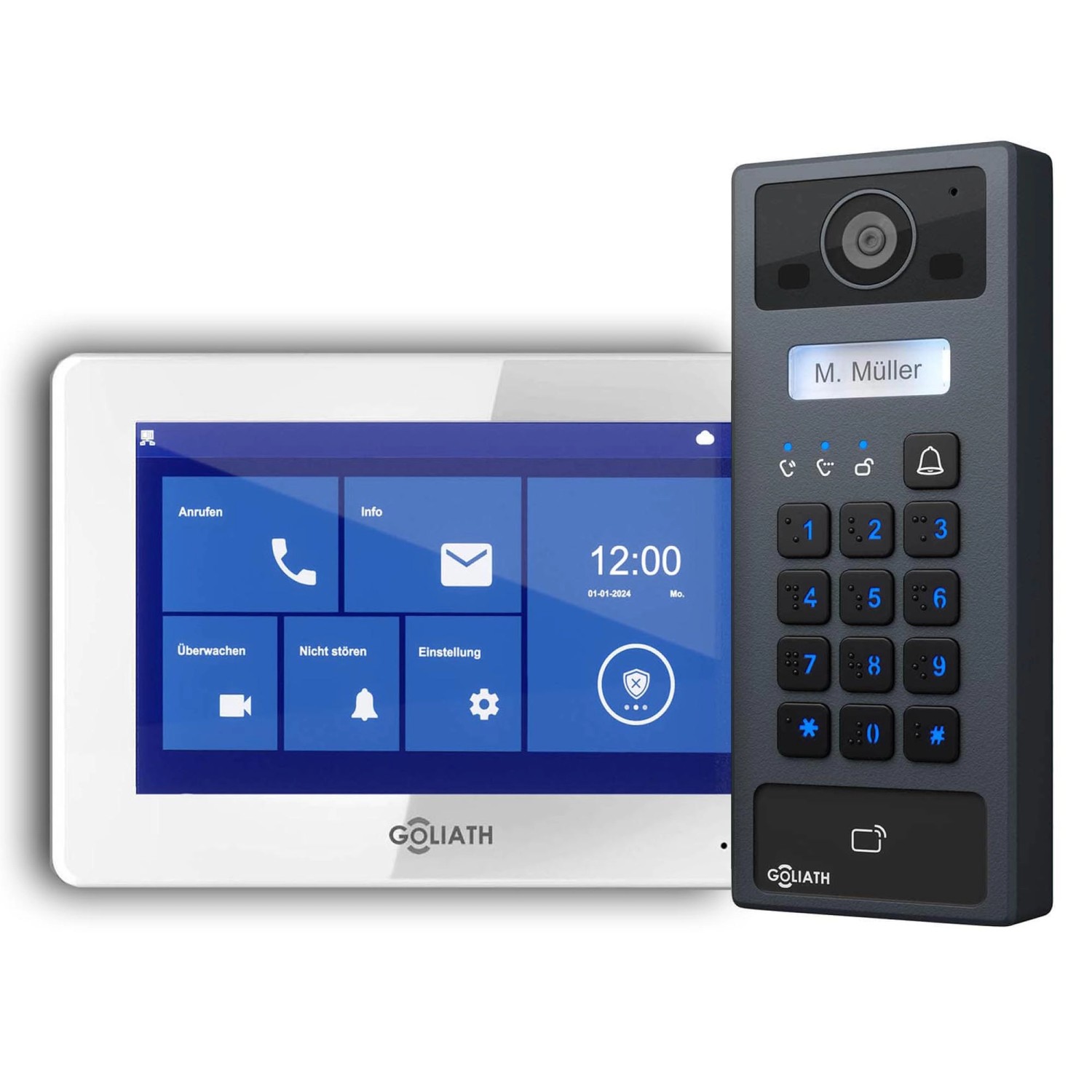 Goliath 2-Draht Video Türklingel 1 Familienhaus Zahlencode RFID 1x Monitor Weiss