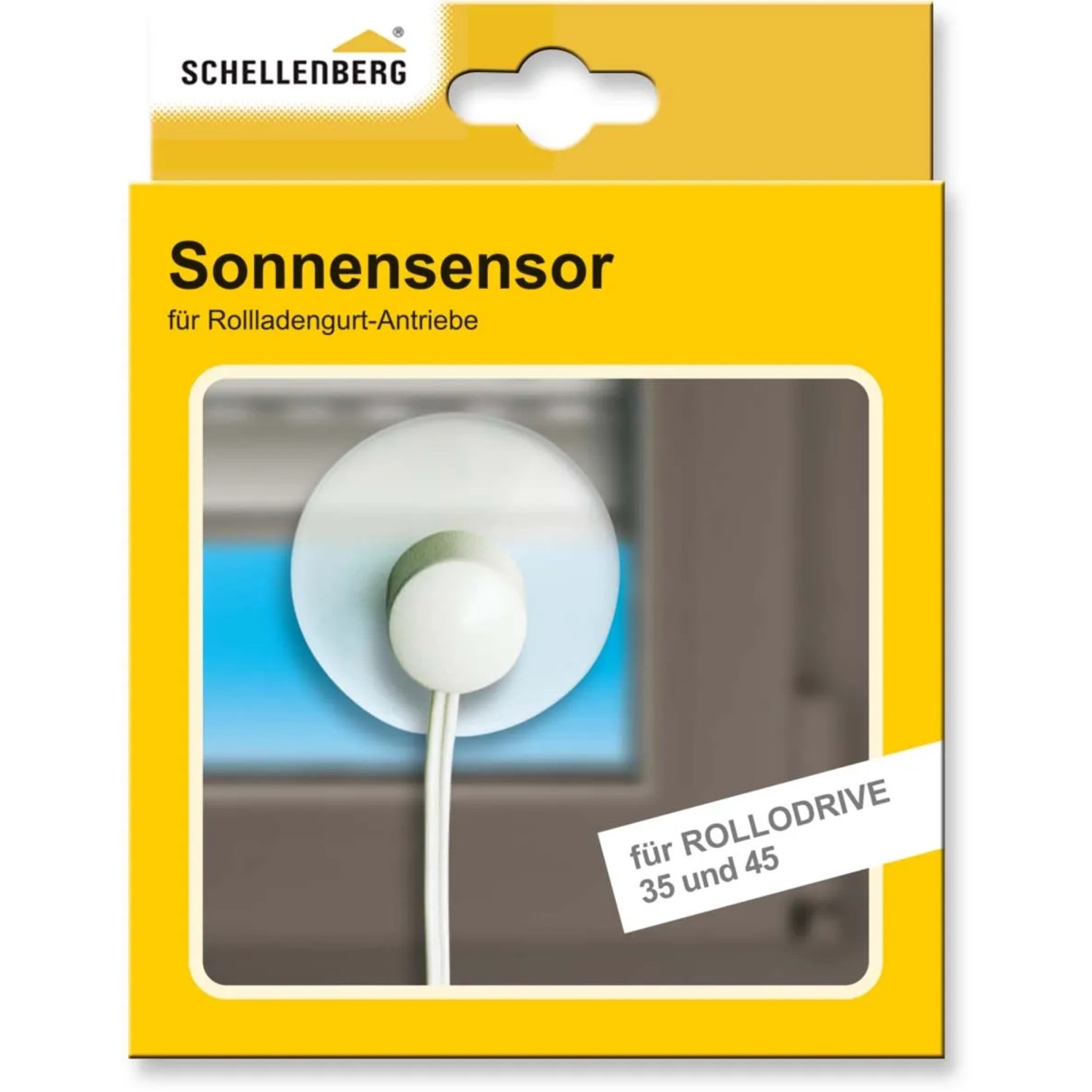 Schellenberg Sonnensensor für RolloDrive 35/45 in gelber Verpackung vor Fenster.