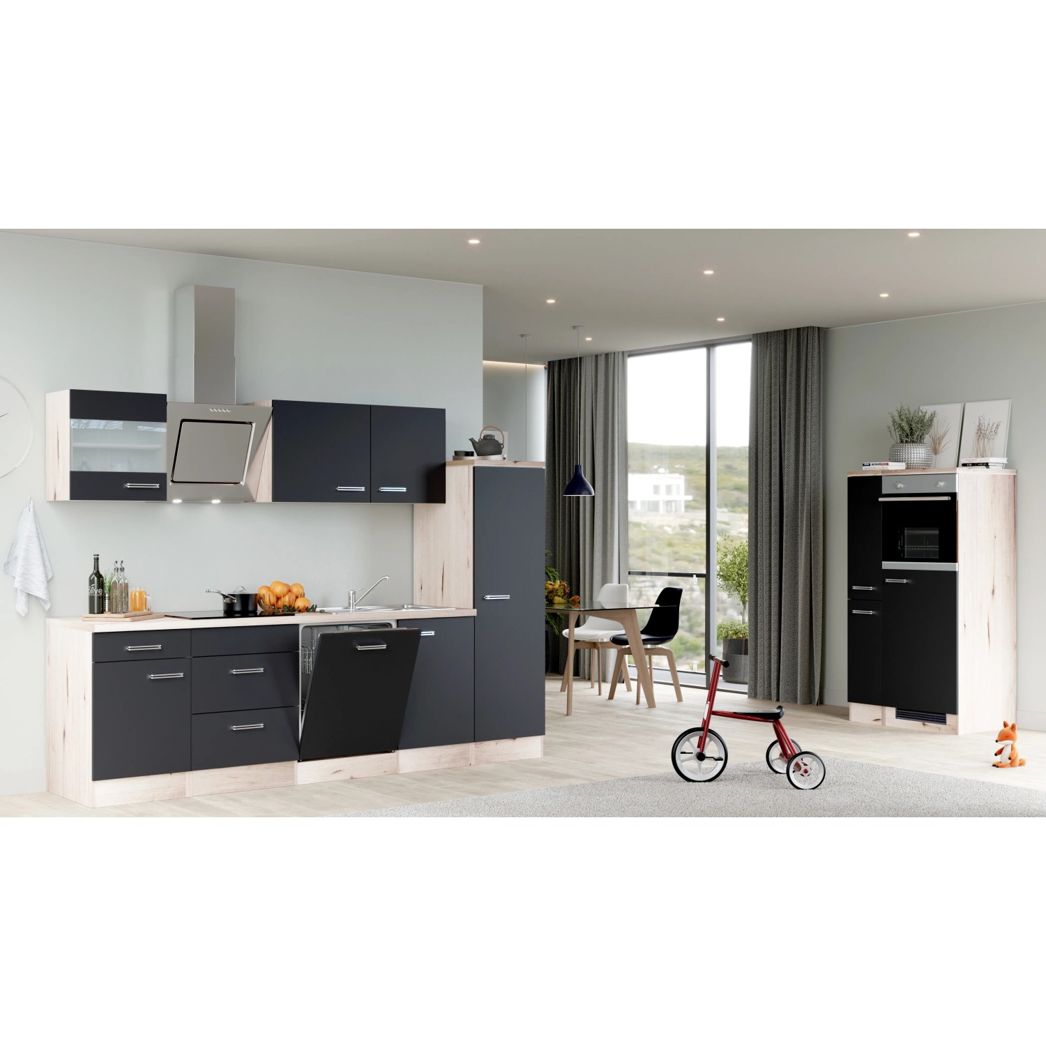 Moderne Flex-Well Küchenzeile Lara, 360 cm, Anthrazit und San Remo Eiche Dekor.