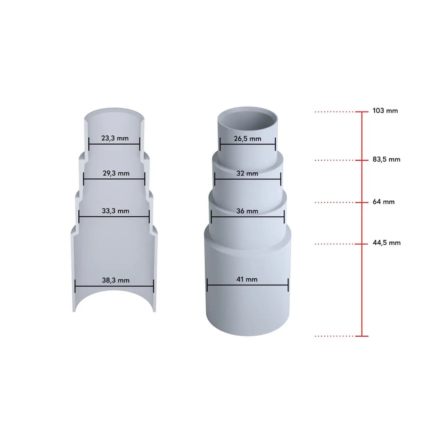 Bauheld Staubsaugeradapter, hellgrau, 3er-Set mit Maßangaben für Staubsaugerzubehör.