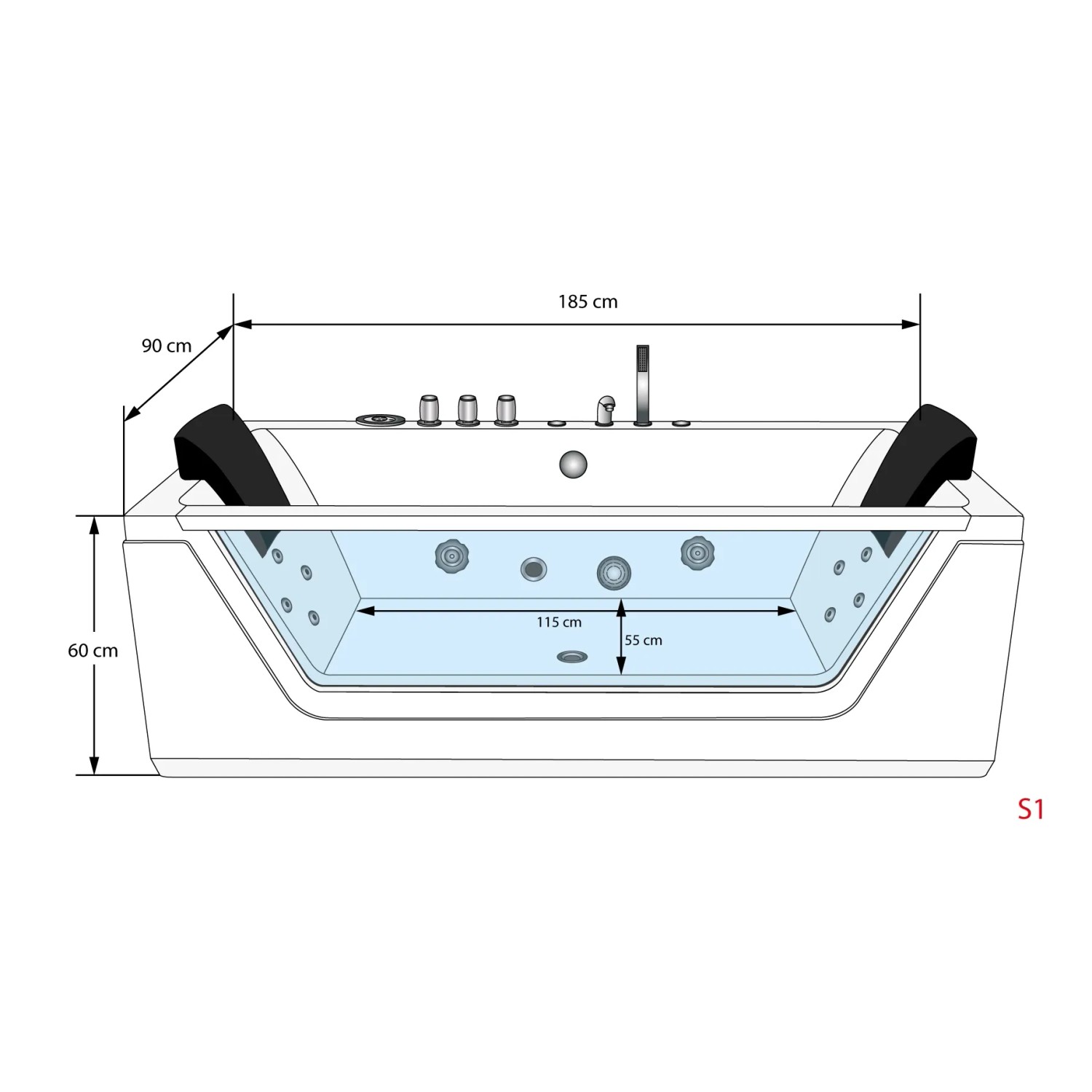 Skizze der AcquaVapore Whirlpool Badewanne W83R-TH-B mit Maßangaben.