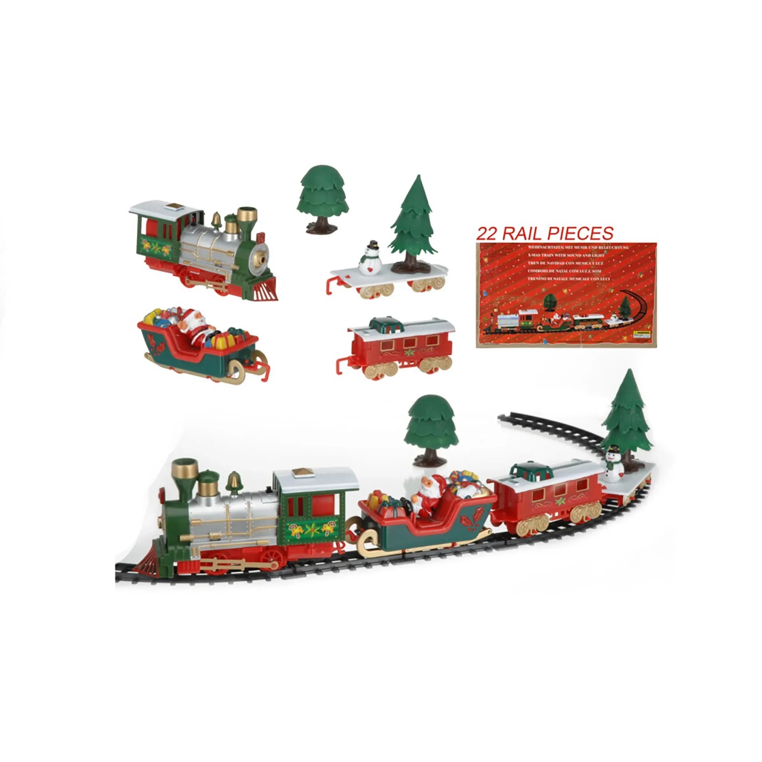 Mehrfarbiges Deko-Weihnachtszug-Set mit Licht und Sound, 22-teilig, für festliche Dekoration.
