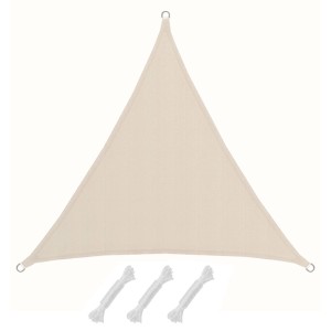Beiges dreieckiges Sonnensegel aus Polyester mit D-Ringen und Seilen für UV- und Sichtschutz, 2x2x2m.