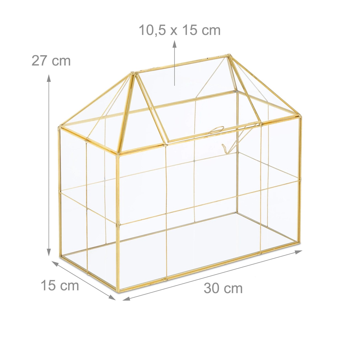 Relaxdays Pflanzenterrarium Glas Gold Mit Dachfenster 27 x 30 x 15 cm 1,9 kg_4