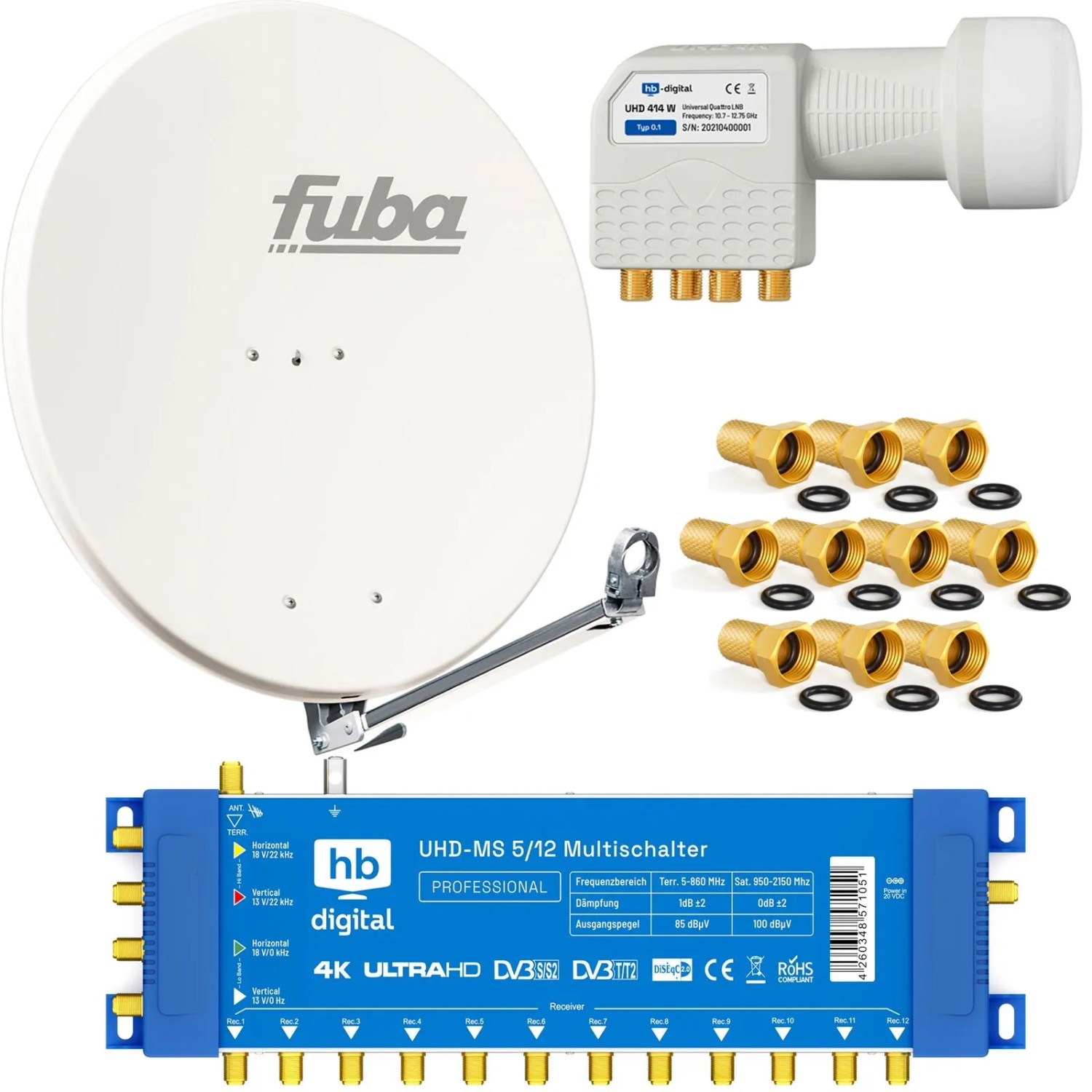 hb-digital SAT Anlage Fuba DAL 800 80cm mit Multischalter MS 5/12 und Quattro LNB Weiß
