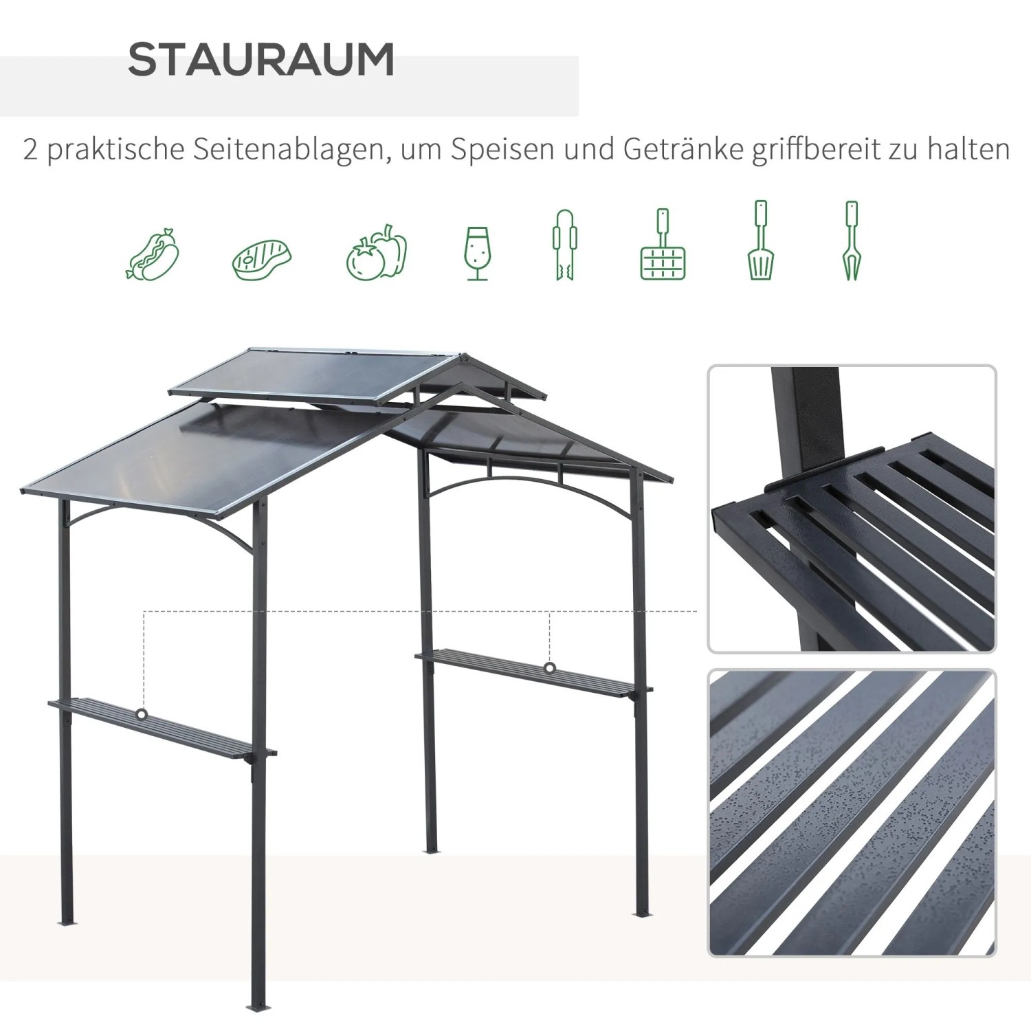 Outsunny GrillPavillon Stahl PC-Platte Schwarz Braun 240L x 150B x 250H cm_6