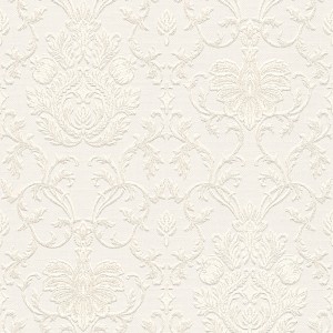 Weiße Barock Tapete mit Glitzer, florales Muster für Wohn- und Schlafzimmer.