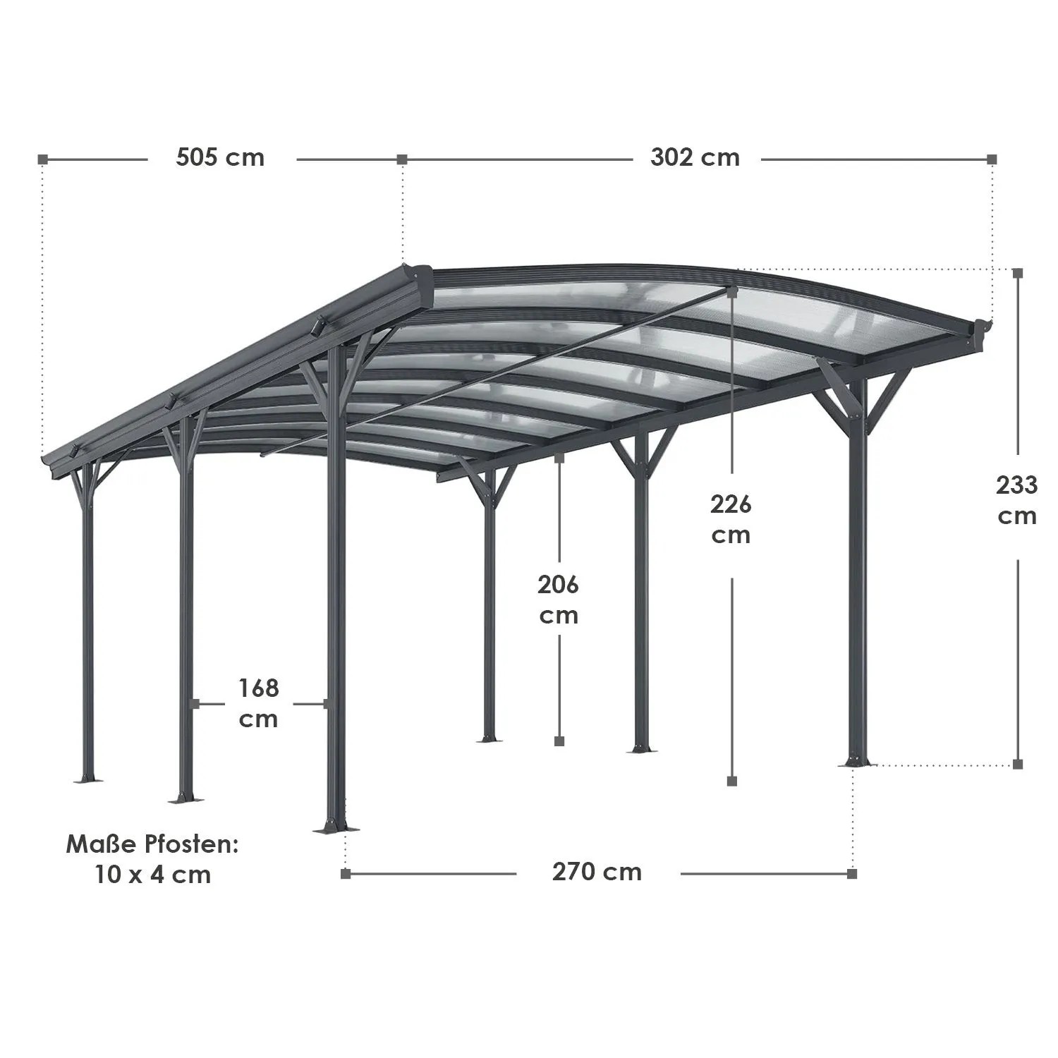 Abbildung des Juskys Carports mit Bogendach 5x3 m in Dunkelgrau, Maße sind eingezeichnet.