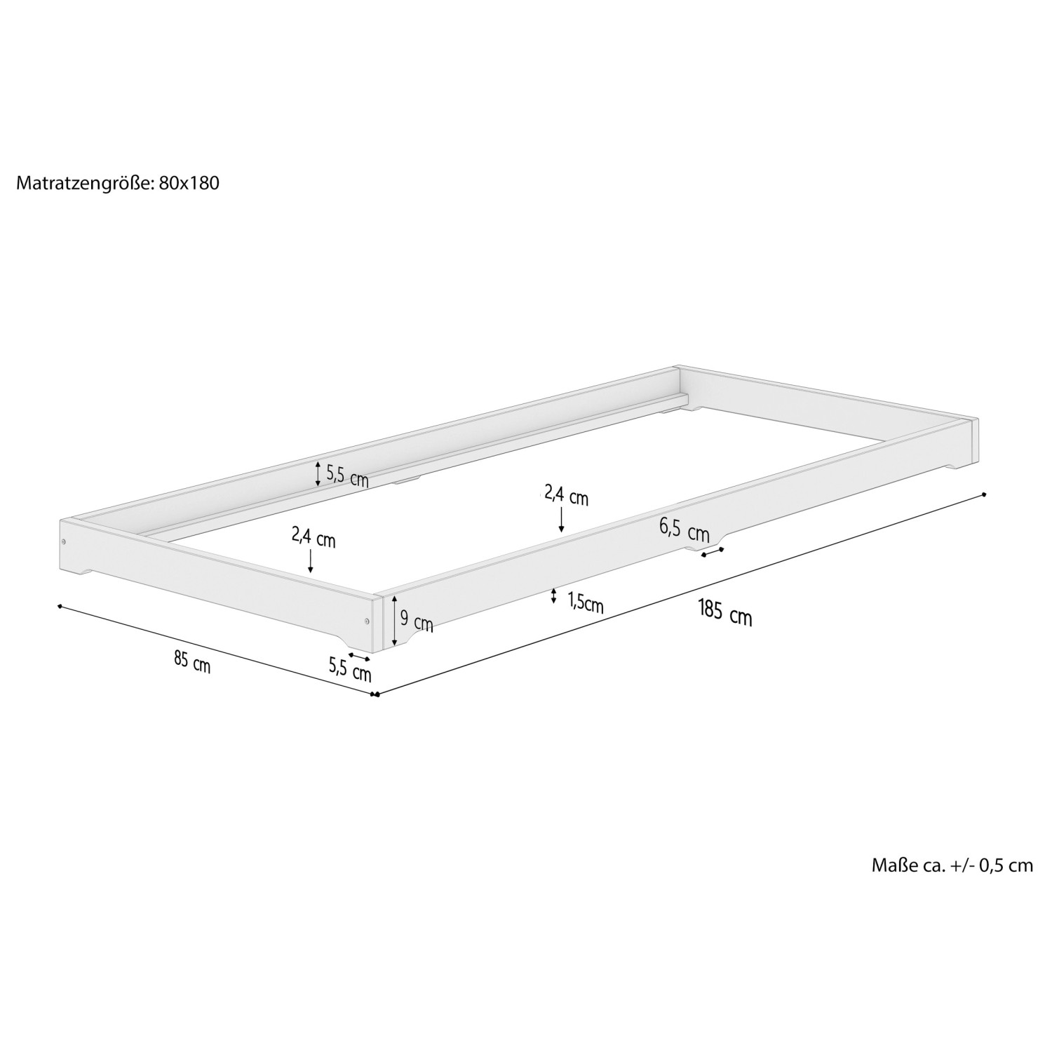 Skizze: Erst-Holz Futonbett, extra niedrig, 80x180cm, Kiefer massiv, mit Maßangaben.
