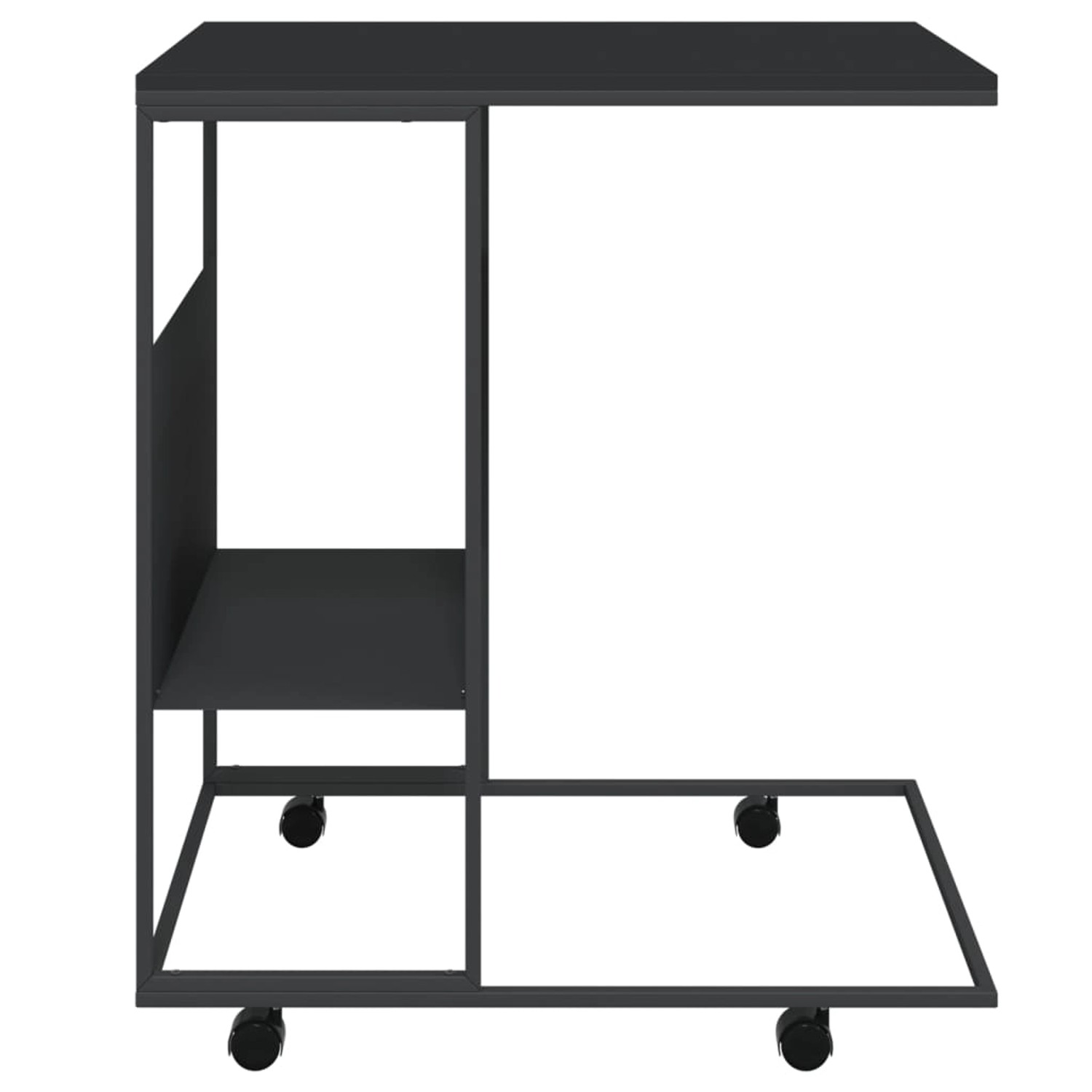 Schwarzer vidaXL Beistelltisch mit Rollen, 55x36x63,5 cm, aus Holzwerkstoff mit Ablage.