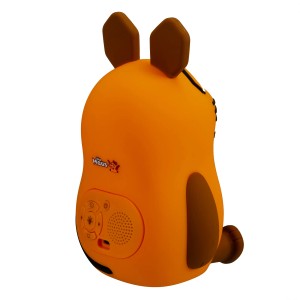Orangefarbener DieMaus Lichtwecker für Kinder im Maus-Design, Detailansicht der Seite mit Bedienelementen.