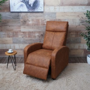 Brauner MCW Relaxsessel F76 im Vintage Wildlederimitat Design mit verstellbarer Rückenlehne und Fußstütze.