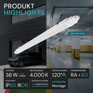 LUXULA LED Feuchtraumleuchte, 120cm, 36W, IP65, neutralweißes Licht für Garage & Werkstatt.