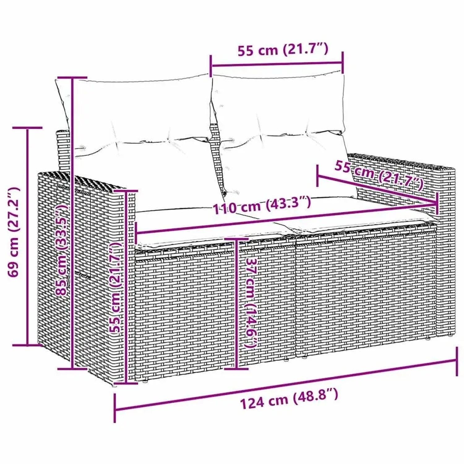 vidaXL Gartenmöbel-Set, 9-teilig, grau, Poly Rattan, mit Maßangaben.
